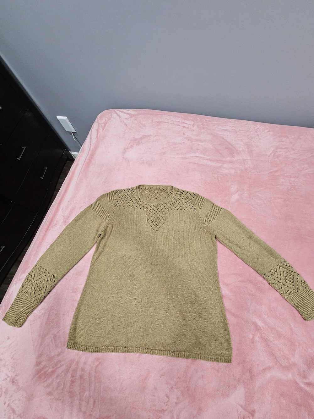Josephine Chaus Olive Green Diamond-Yoke Crewneck Sweater